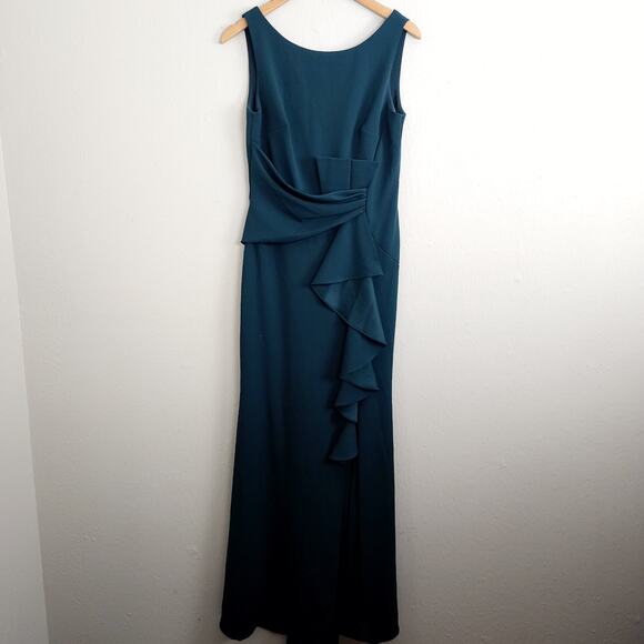 NEW Betsy & Adam Ruffle Bow Trumpet Gown Sleeveless Maxi Dress Pine Green - Picture 4 of 13